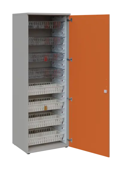 EUROMEDICA D - 66/M skříň léková boxová, 1-dveřová, pravá, 1950x660x535, korpus šedý, dvířka mandarinka